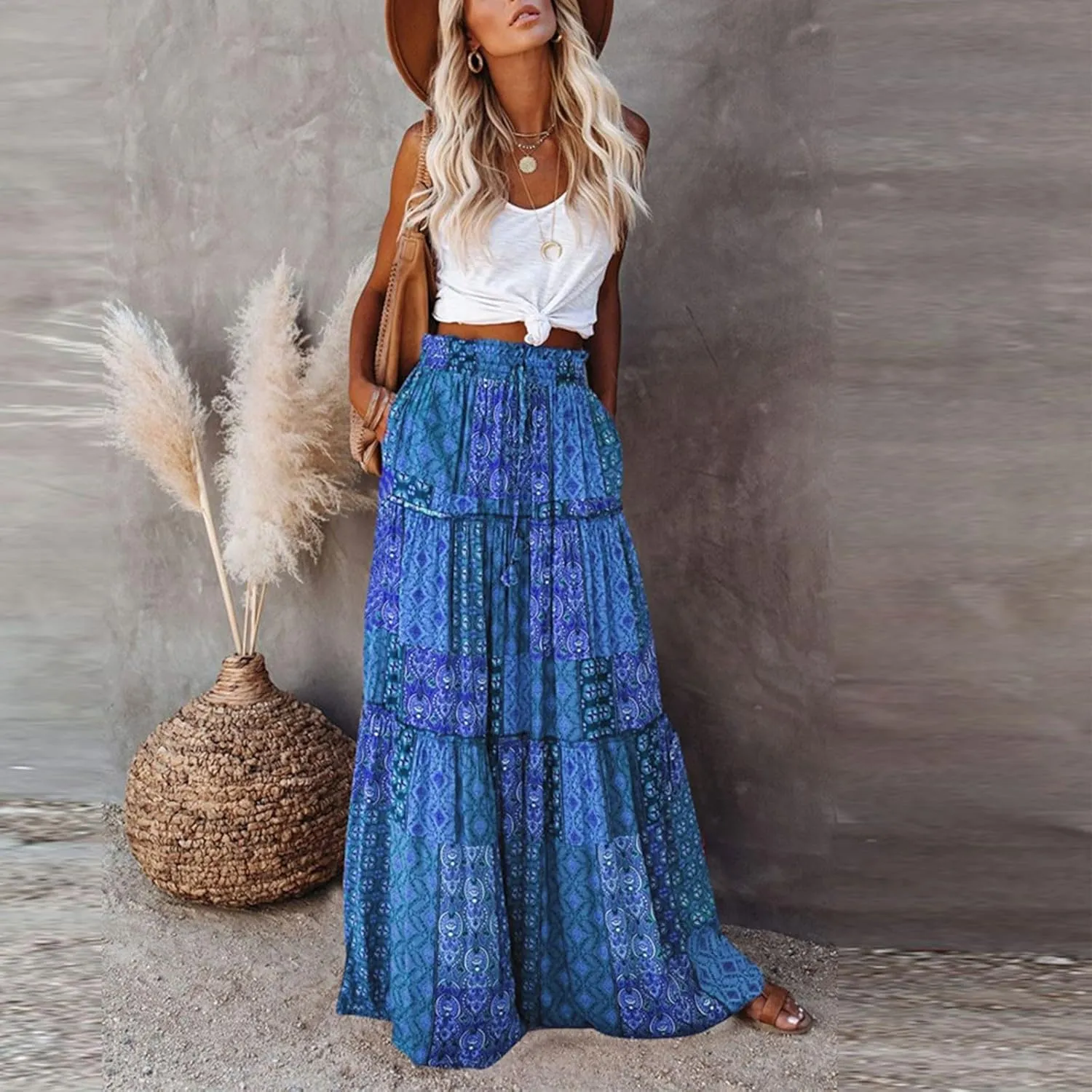 Skirts for Women Summer Flowy Tiered Elastic High Waisted Skirt Vacation Swing Long Floral Maxi Skirts