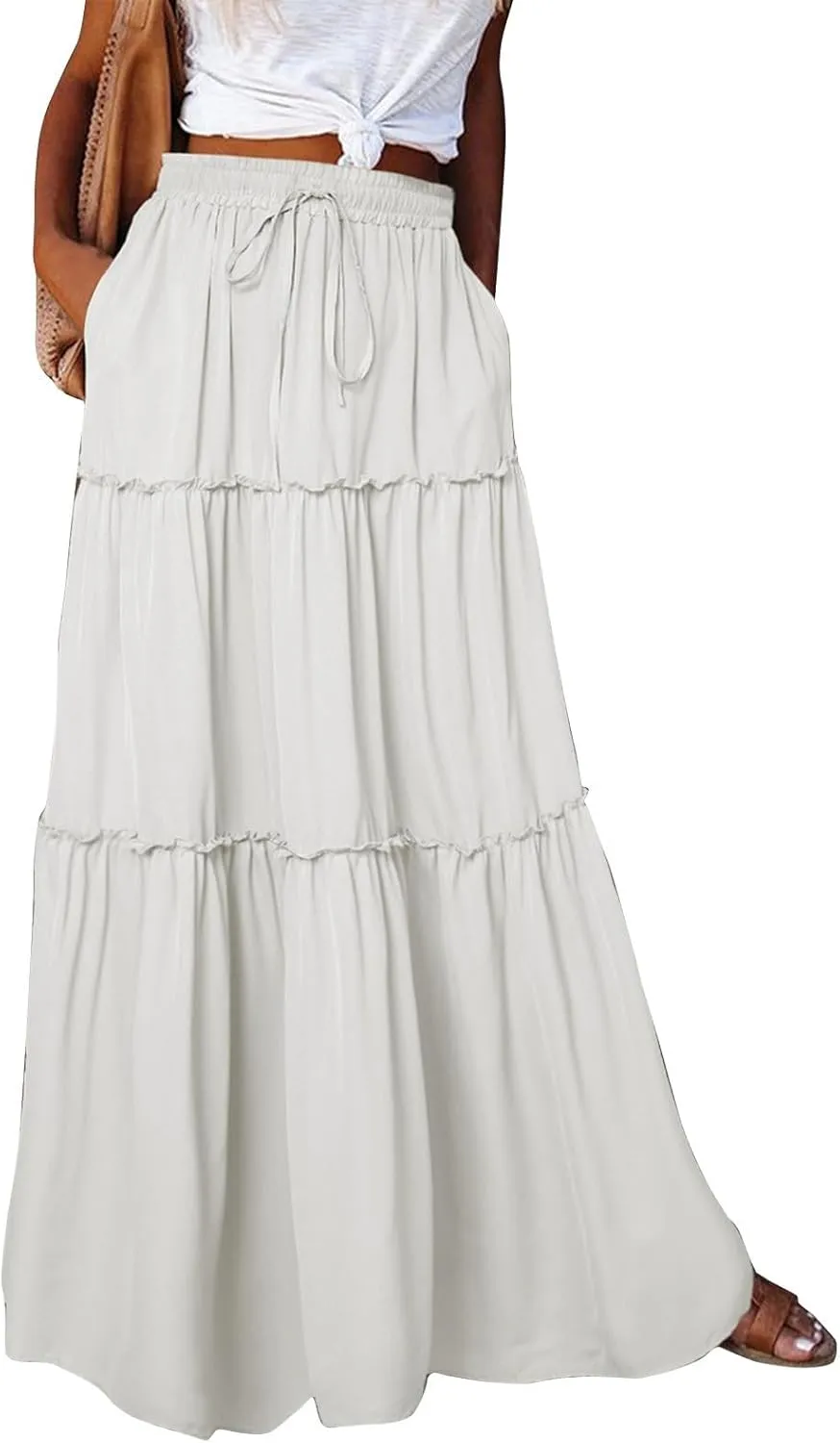 Skirts for Women Summer Flowy Tiered Elastic High Waisted Skirt Vacation Swing Long Solid Maxi Beach Skirts