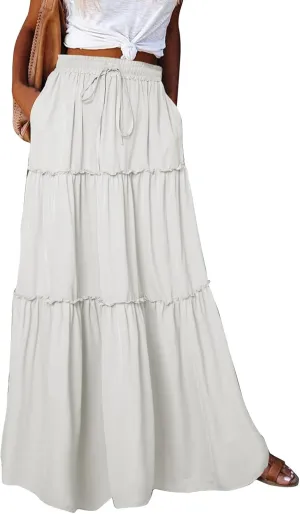 Skirts for Women Summer Flowy Tiered Elastic High Waisted Skirt Vacation Swing Long Solid Maxi Beach Skirts