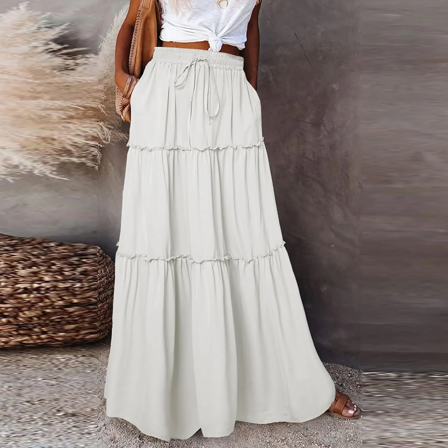 Skirts for Women Summer Flowy Tiered Elastic High Waisted Skirt Vacation Swing Long Solid Maxi Beach Skirts