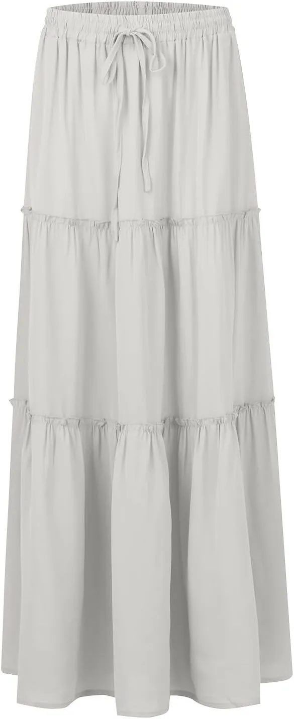 Skirts for Women Summer Flowy Tiered Elastic High Waisted Skirt Vacation Swing Long Solid Maxi Beach Skirts