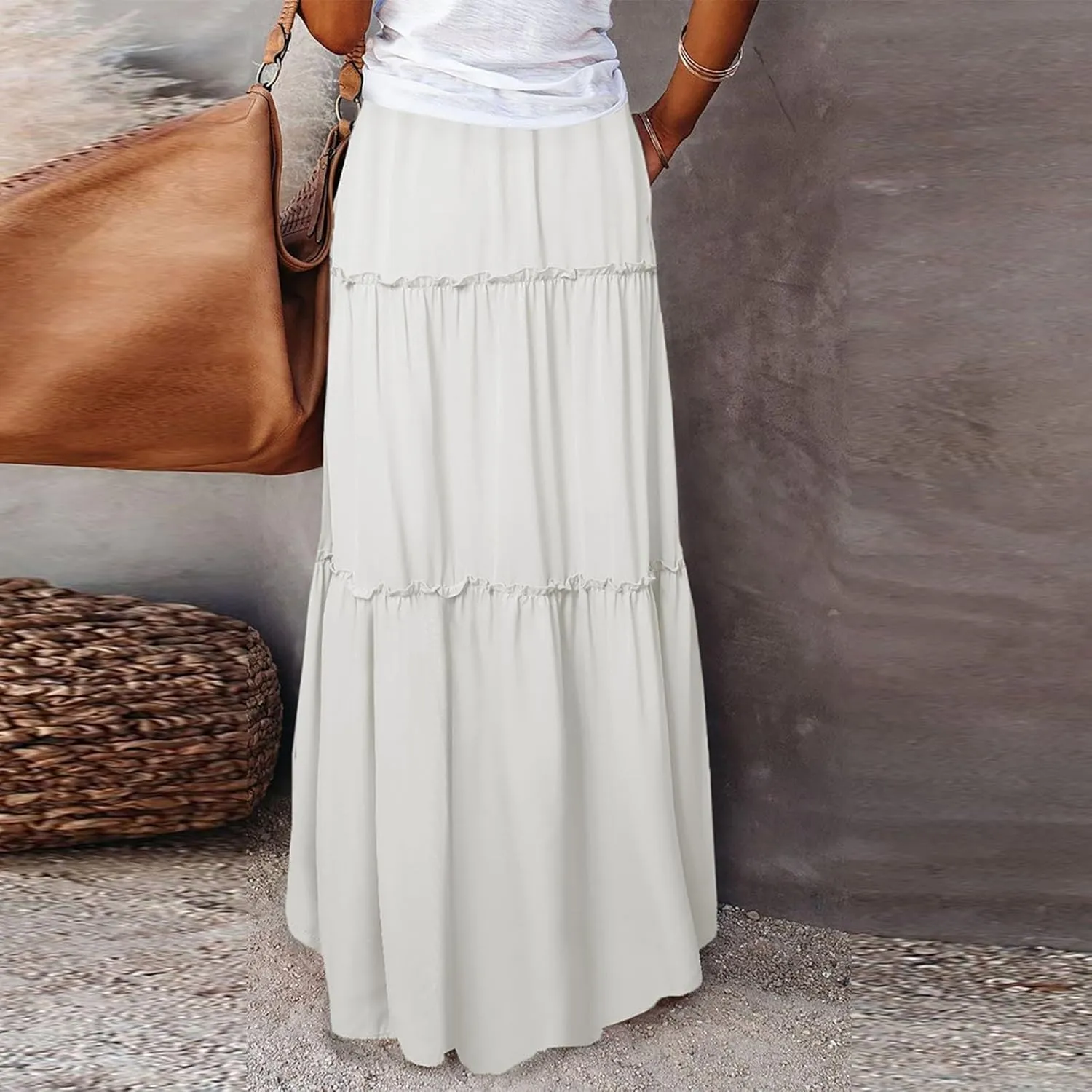 Skirts for Women Summer Flowy Tiered Elastic High Waisted Skirt Vacation Swing Long Solid Maxi Beach Skirts