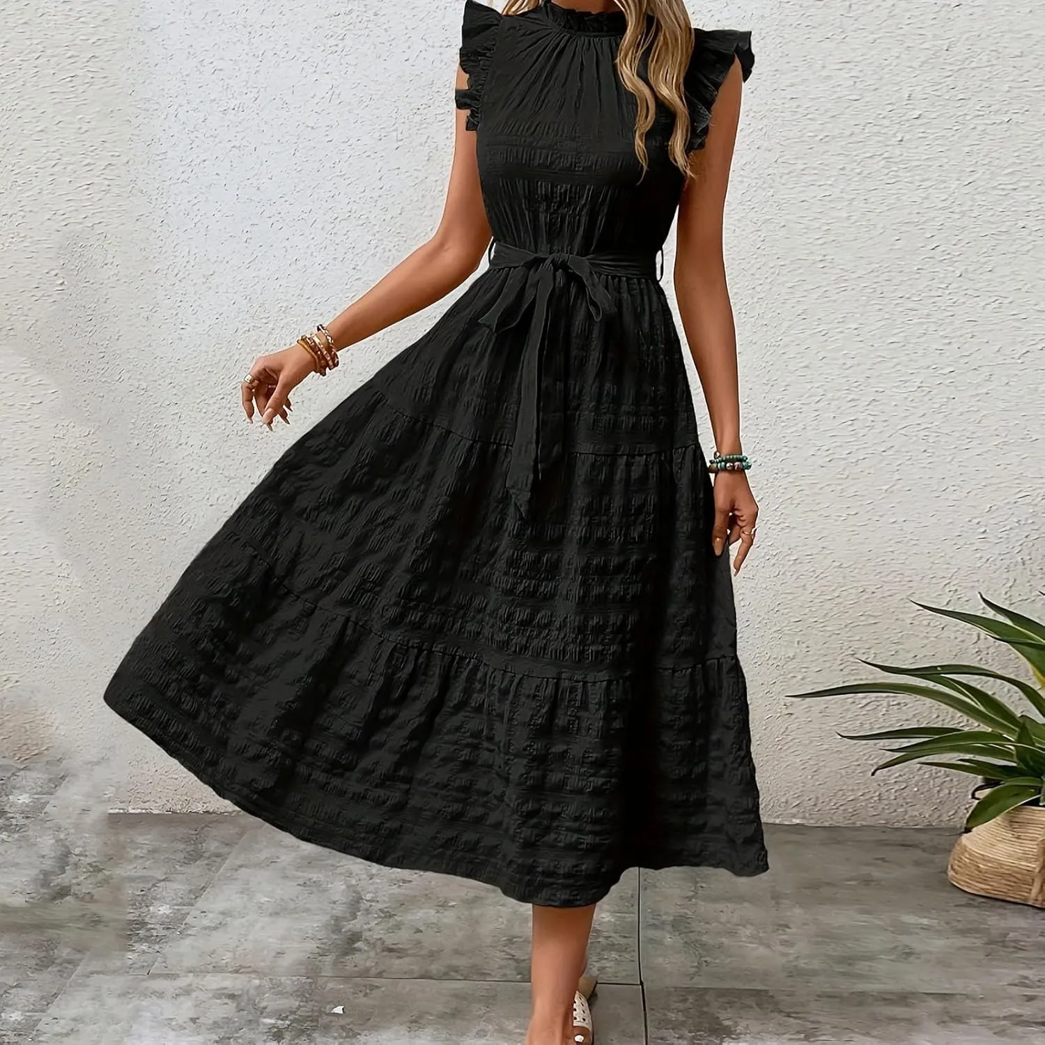 Sleeveless Dresses for Women 2024, Women's Casual Feather V Neck Retro Long Dress Vacation Beach Sun, S XXL