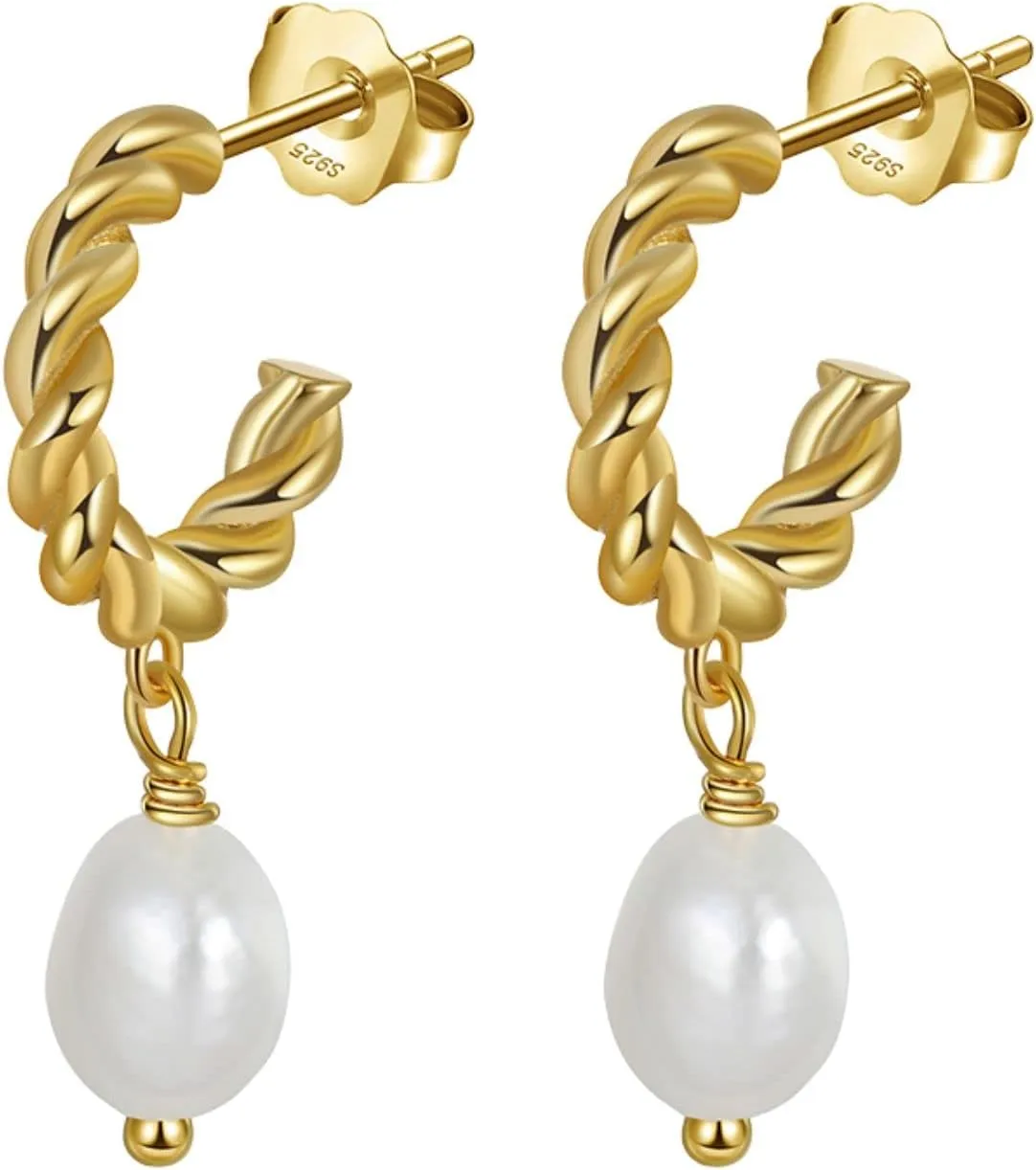 Solid 925 Sterling Silver Gold Twisted Hoop Earrings, Freshwater Pearl Hoop Earrings, Chunky Gold Earrings, Braided Hoops, Thick Huggie Hoop Earrings. Twisted rope Huggie Hoops, Pearl Drop Earrings