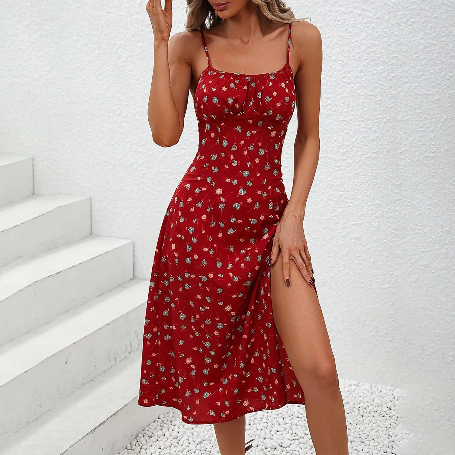 Spaghetti Strap Dresses for Women 2025 Polka Dot Midi Frock Sleeveless Slit Summer Sundress Beach Vacation Dress