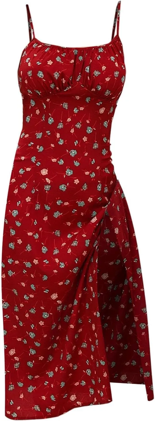 Spaghetti Strap Dresses for Women 2025 Polka Dot Midi Frock Sleeveless Slit Summer Sundress Beach Vacation Dress