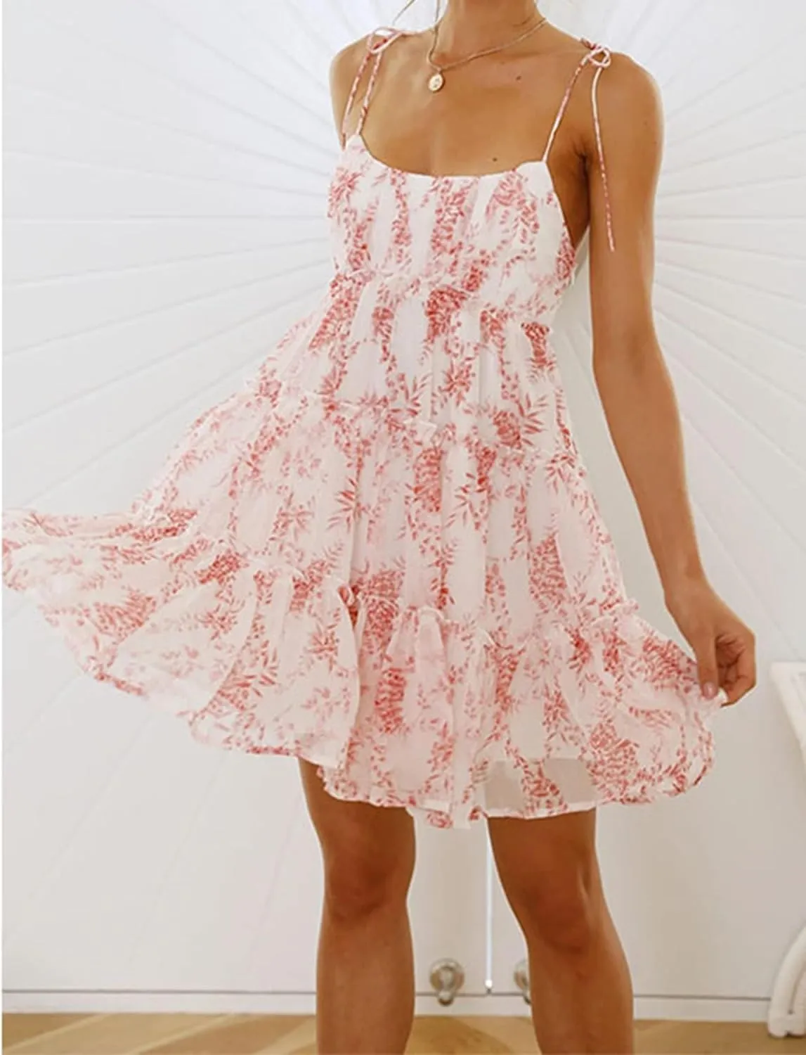 Spaghetti Strap Floral Mini Dress Womens Summer Boho Flowy Tiered Skater Dresses Short Ruffle Sundress
