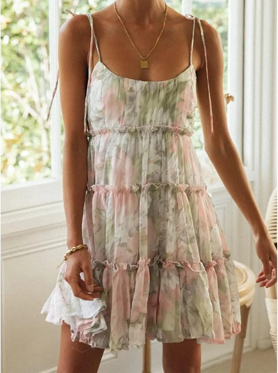 Spaghetti Strap Floral Mini Dress Womens Summer Boho Flowy Tiered Skater Dresses Short Ruffle Sundress