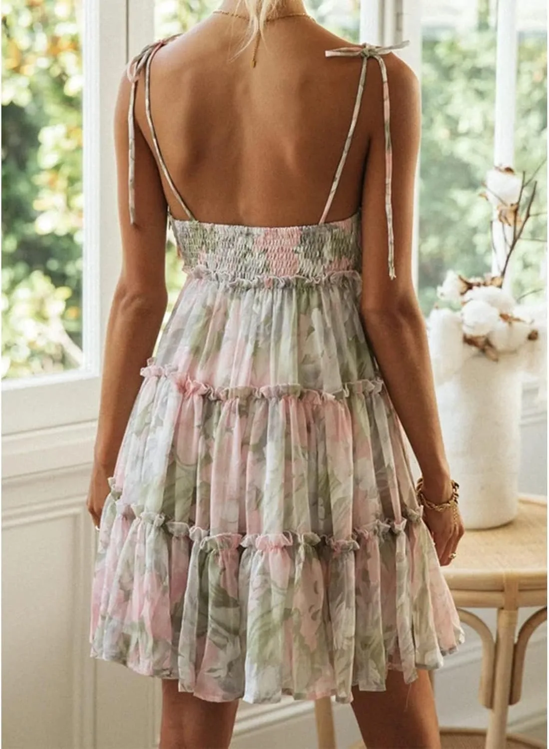 Spaghetti Strap Floral Mini Dress Womens Summer Boho Flowy Tiered Skater Dresses Short Ruffle Sundress