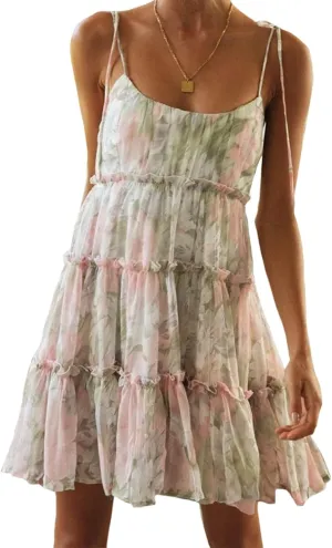 Spaghetti Strap Floral Mini Dress Womens Summer Boho Flowy Tiered Skater Dresses Short Ruffle Sundress