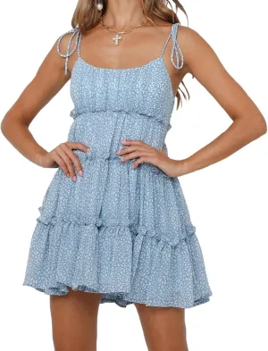 Spaghetti Strap Floral Mini Dress Womens Summer Boho Flowy Tiered Skater Dresses Short Ruffle Sundress