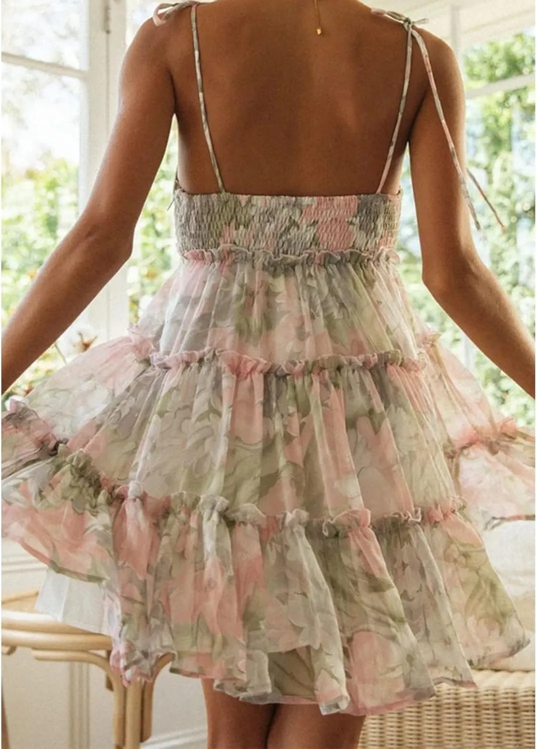 Spaghetti Strap Floral Mini Dress Womens Summer Boho Flowy Tiered Skater Dresses Short Ruffle Sundress