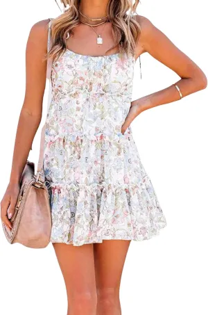 Spaghetti Strap Floral Mini Dress Womens Summer Boho Flowy Tiered Skater Dresses Short Ruffle Sundress