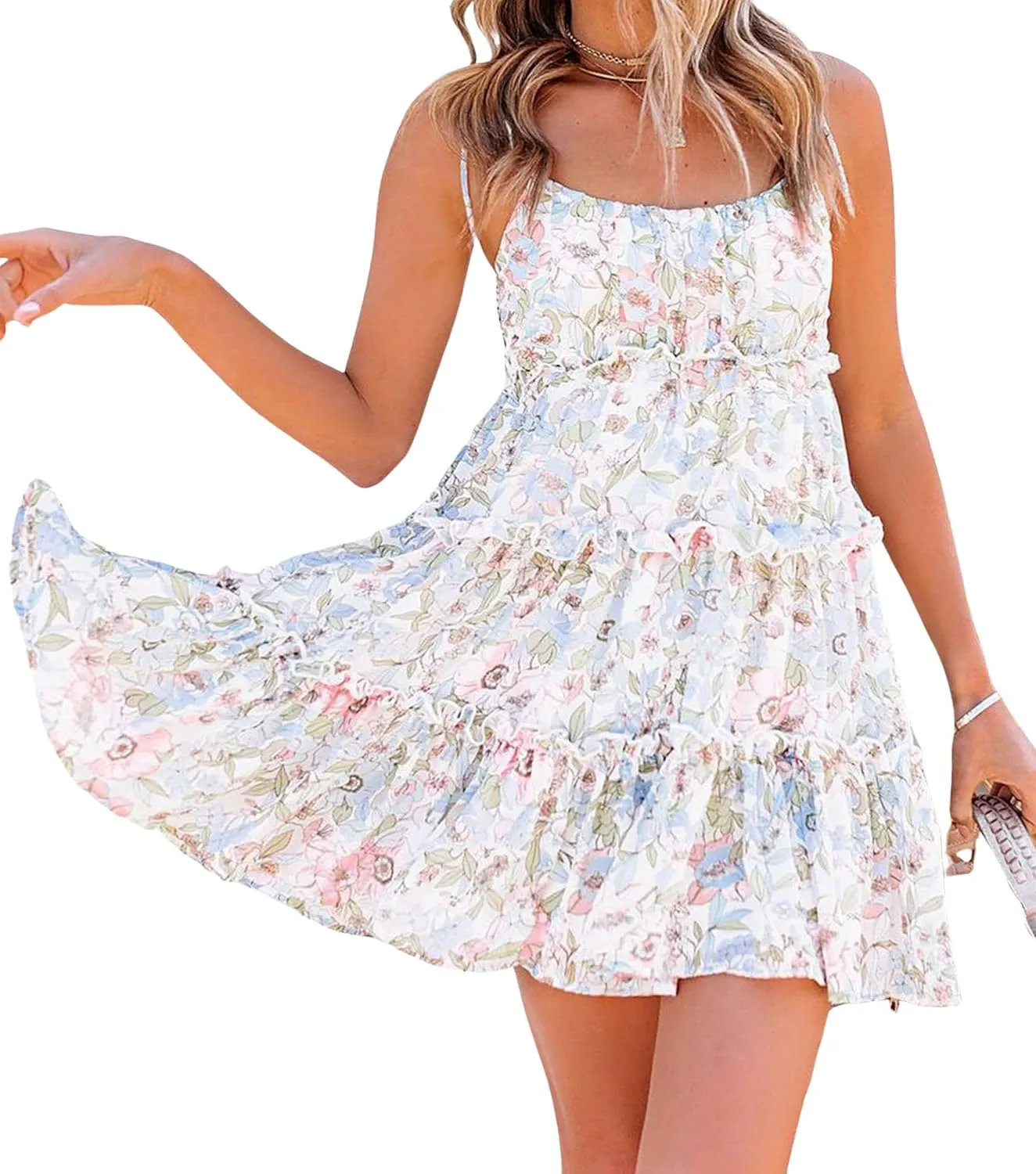 Spaghetti Strap Floral Mini Dress Womens Summer Boho Flowy Tiered Skater Dresses Short Ruffle Sundress