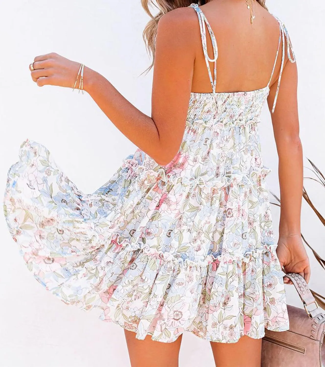 Spaghetti Strap Floral Mini Dress Womens Summer Boho Flowy Tiered Skater Dresses Short Ruffle Sundress