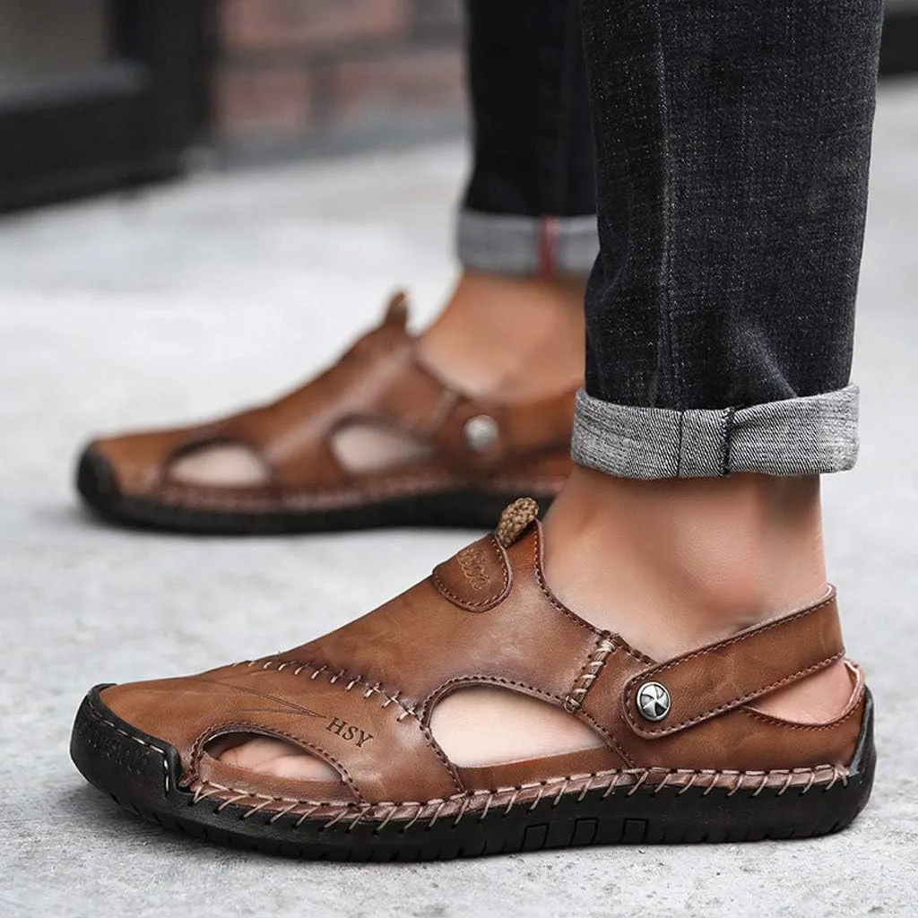 Sports Sandal for Men Casual Close Toe Leather Sandals Hollow Athletic Beach Slip on Slippers Flat Shoes Footwear