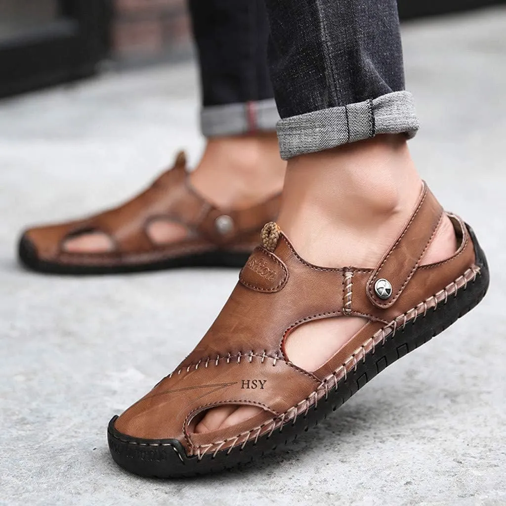Sports Sandal for Men Casual Close Toe Leather Sandals Hollow Athletic Beach Slip on Slippers Flat Shoes Footwear