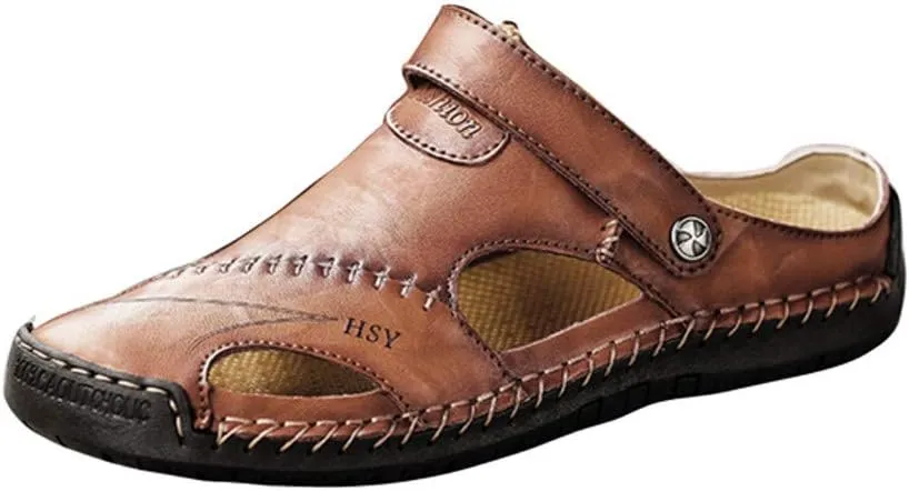 Sports Sandal for Men Casual Close Toe Leather Sandals Hollow Athletic Beach Slip on Slippers Flat Shoes Footwear