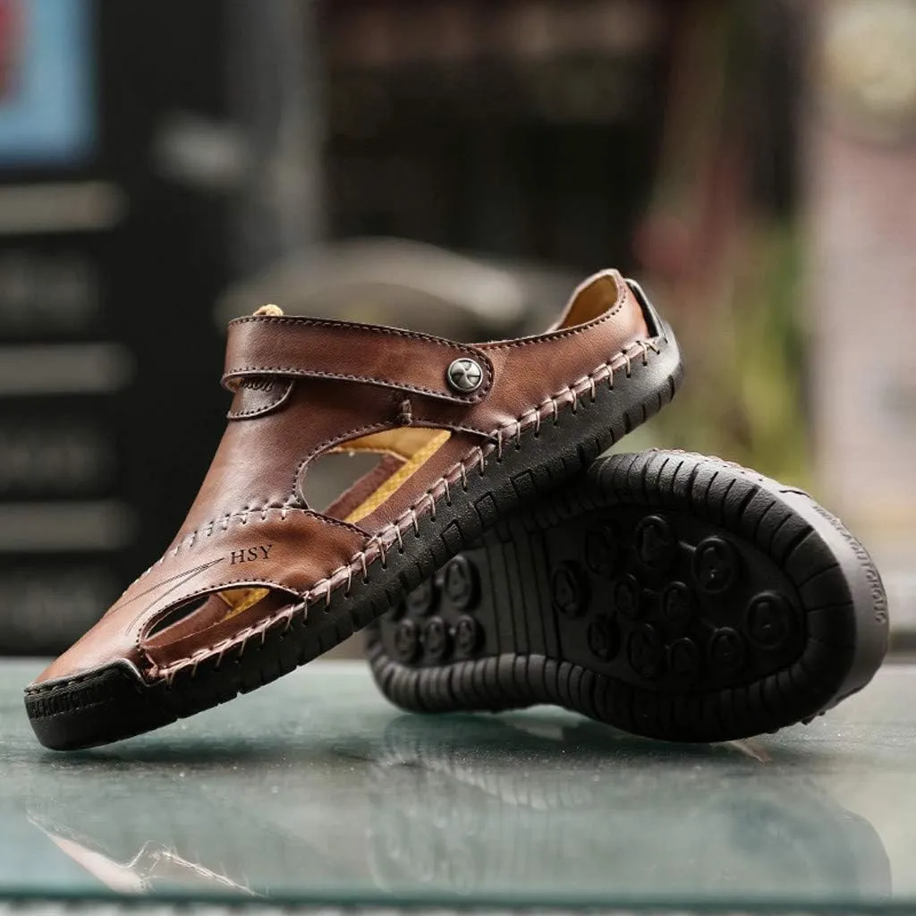 Sports Sandal for Men Casual Close Toe Leather Sandals Hollow Athletic Beach Slip on Slippers Flat Shoes Footwear