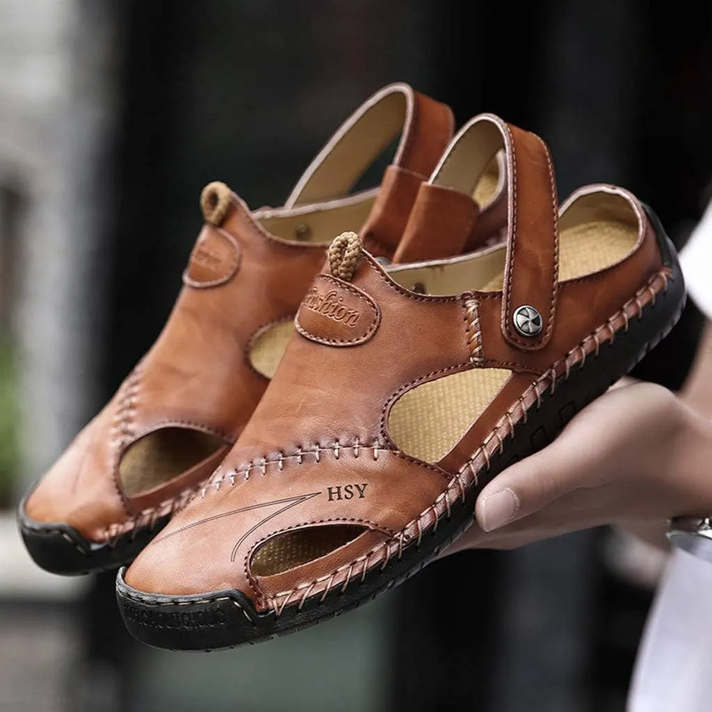 Sports Sandal for Men Casual Close Toe Leather Sandals Hollow Athletic Beach Slip on Slippers Flat Shoes Footwear