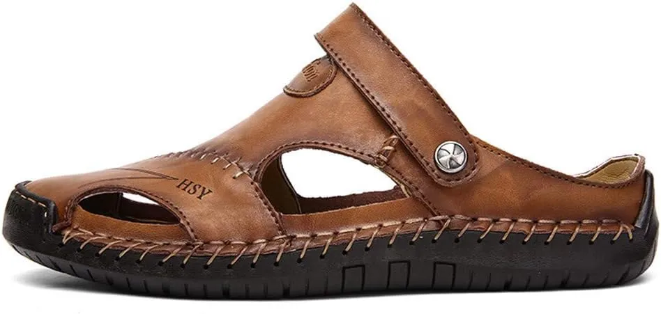 Sports Sandal for Men Casual Close Toe Leather Sandals Hollow Athletic Beach Slip on Slippers Flat Shoes Footwear
