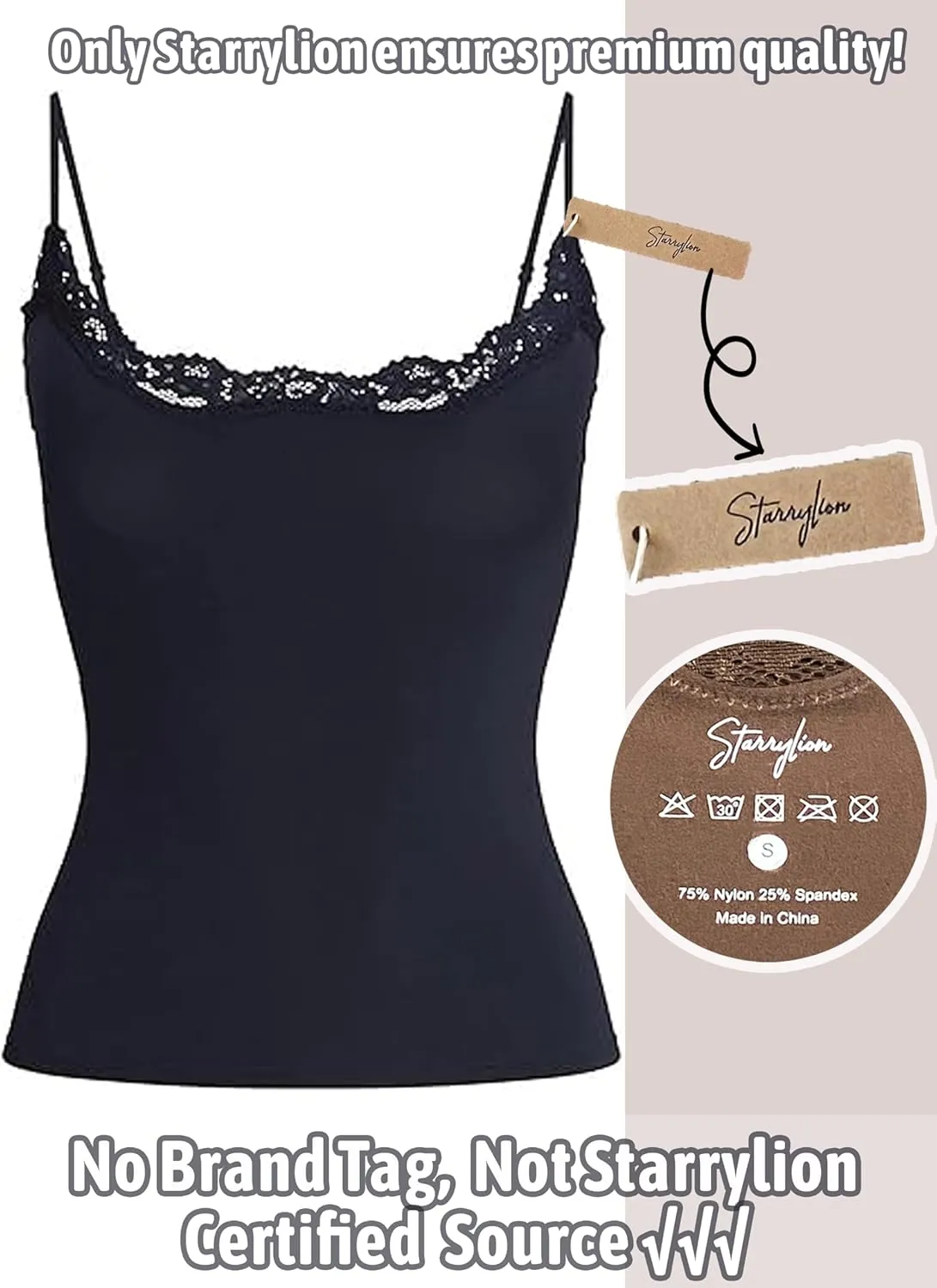 Starrylion Padded Lace Cami Top Double Lined Sexy Tank Top Spaghetti Strap Club Party Shirt