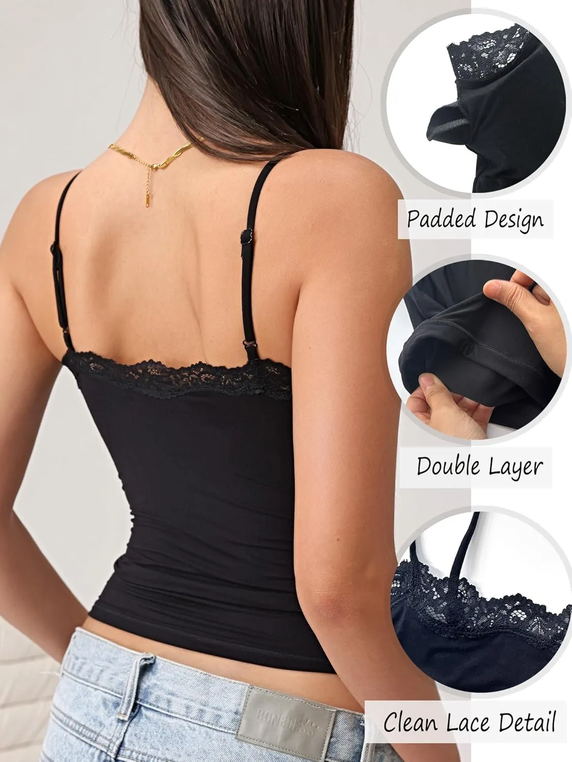 Starrylion Padded Lace Cami Top Double Lined Sexy Tank Top Spaghetti Strap Club Party Shirt