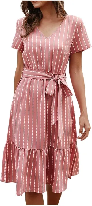 Striped Chiffon Midi Dress for Women Short Sleeve V-Neck Tie Waist Dresses Summer Casual Business Work Office Dress