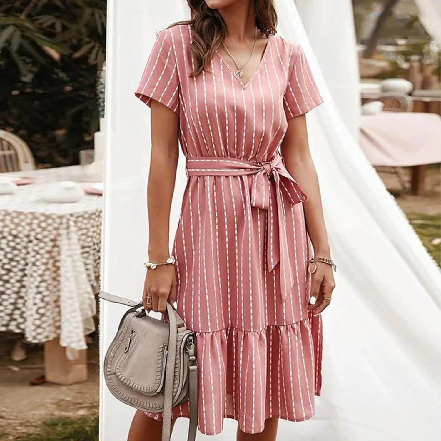 Striped Chiffon Midi Dress for Women Short Sleeve V-Neck Tie Waist Dresses Summer Casual Business Work Office Dress