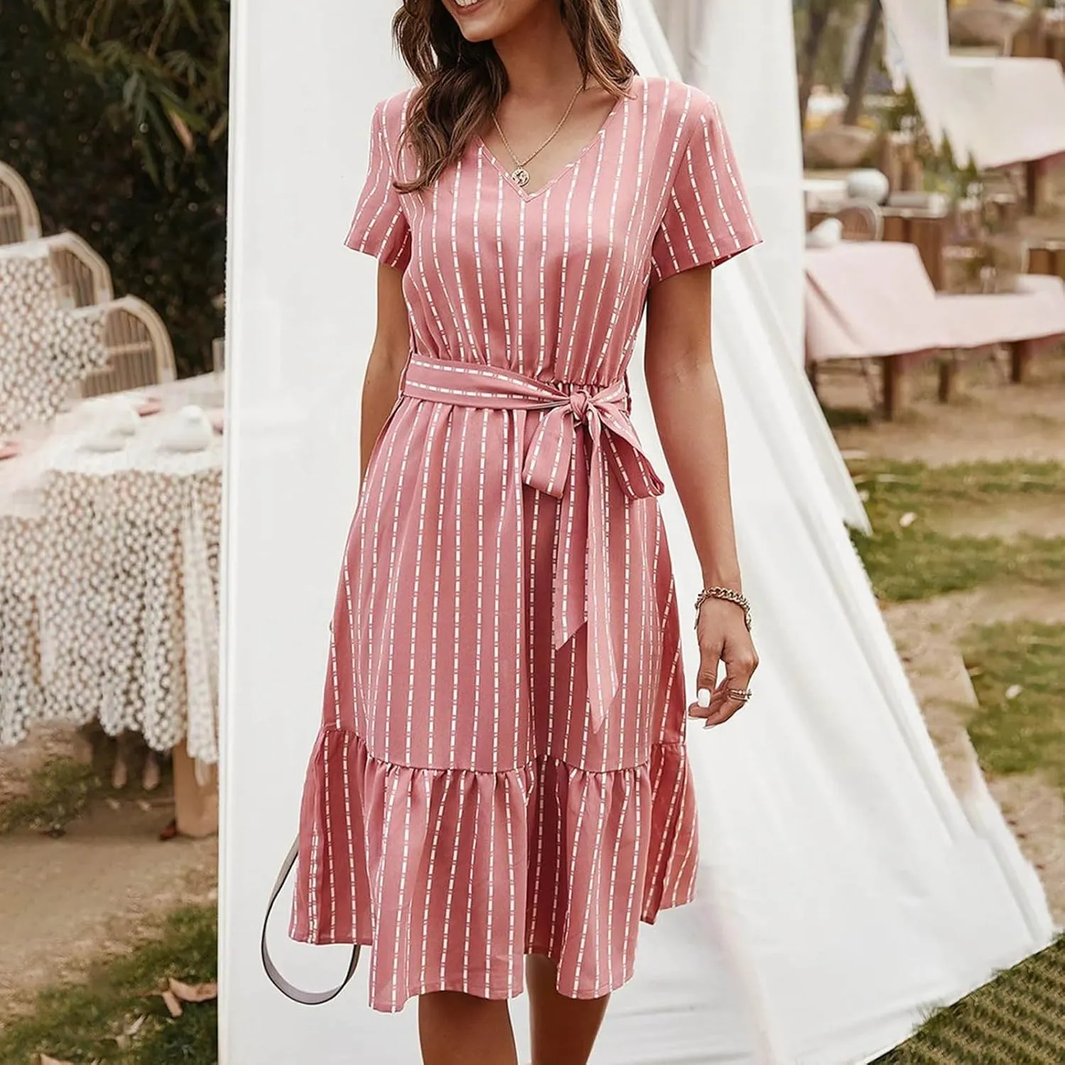 Striped Chiffon Midi Dress for Women Short Sleeve V-Neck Tie Waist Dresses Summer Casual Business Work Office Dress