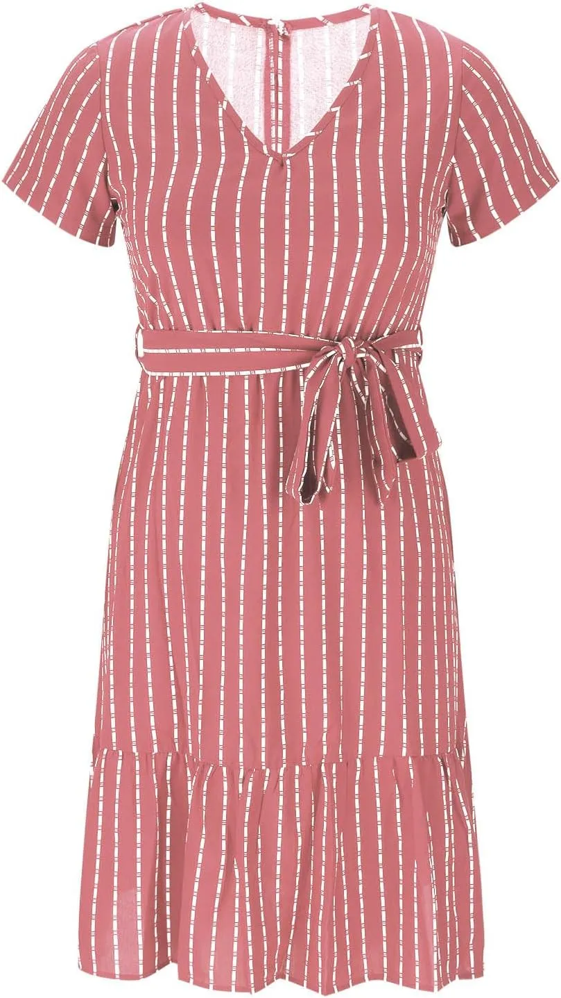 Striped Chiffon Midi Dress for Women Short Sleeve V-Neck Tie Waist Dresses Summer Casual Business Work Office Dress