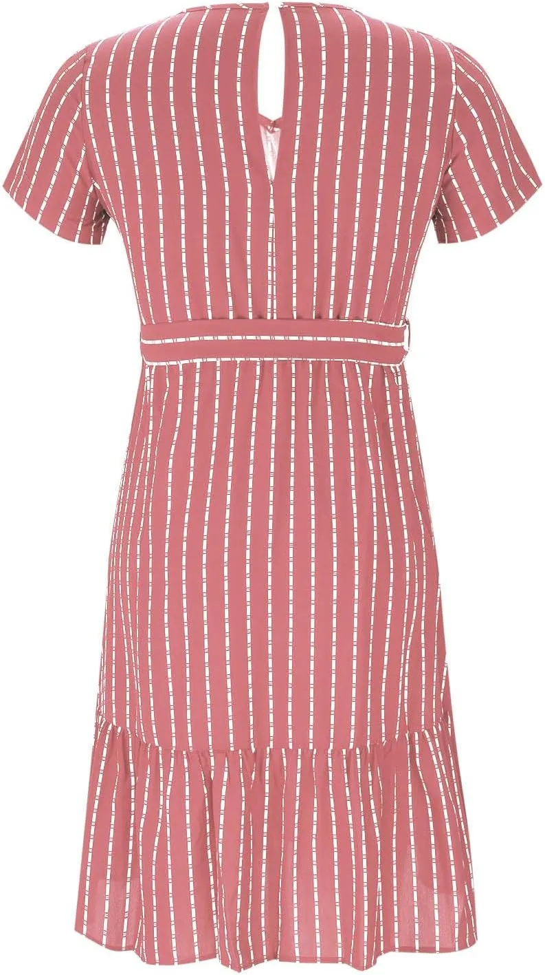 Striped Chiffon Midi Dress for Women Short Sleeve V-Neck Tie Waist Dresses Summer Casual Business Work Office Dress