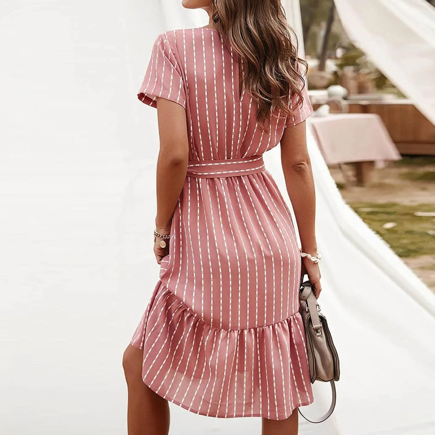 Striped Chiffon Midi Dress for Women Short Sleeve V-Neck Tie Waist Dresses Summer Casual Business Work Office Dress