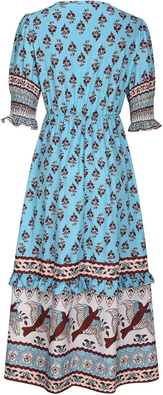 Summer Boho Ruffle Dresses for Women 2025 V Neck Puff Sleeve Smocked Maxi Dresses Casual Floral Print Midi Dress
