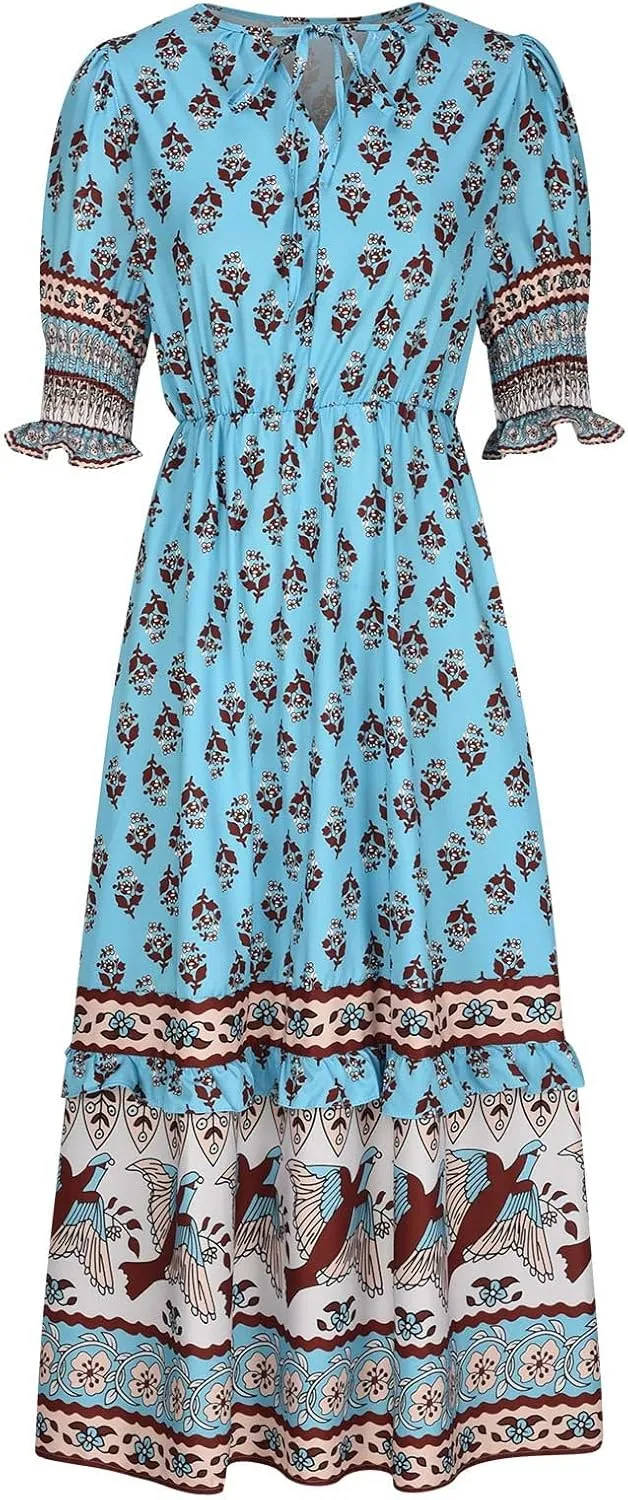 Summer Boho Ruffle Dresses for Women 2025 V Neck Puff Sleeve Smocked Maxi Dresses Casual Floral Print Midi Dress
