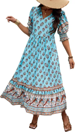 Summer Boho Ruffle Dresses for Women 2025 V Neck Puff Sleeve Smocked Maxi Dresses Casual Floral Print Midi Dress