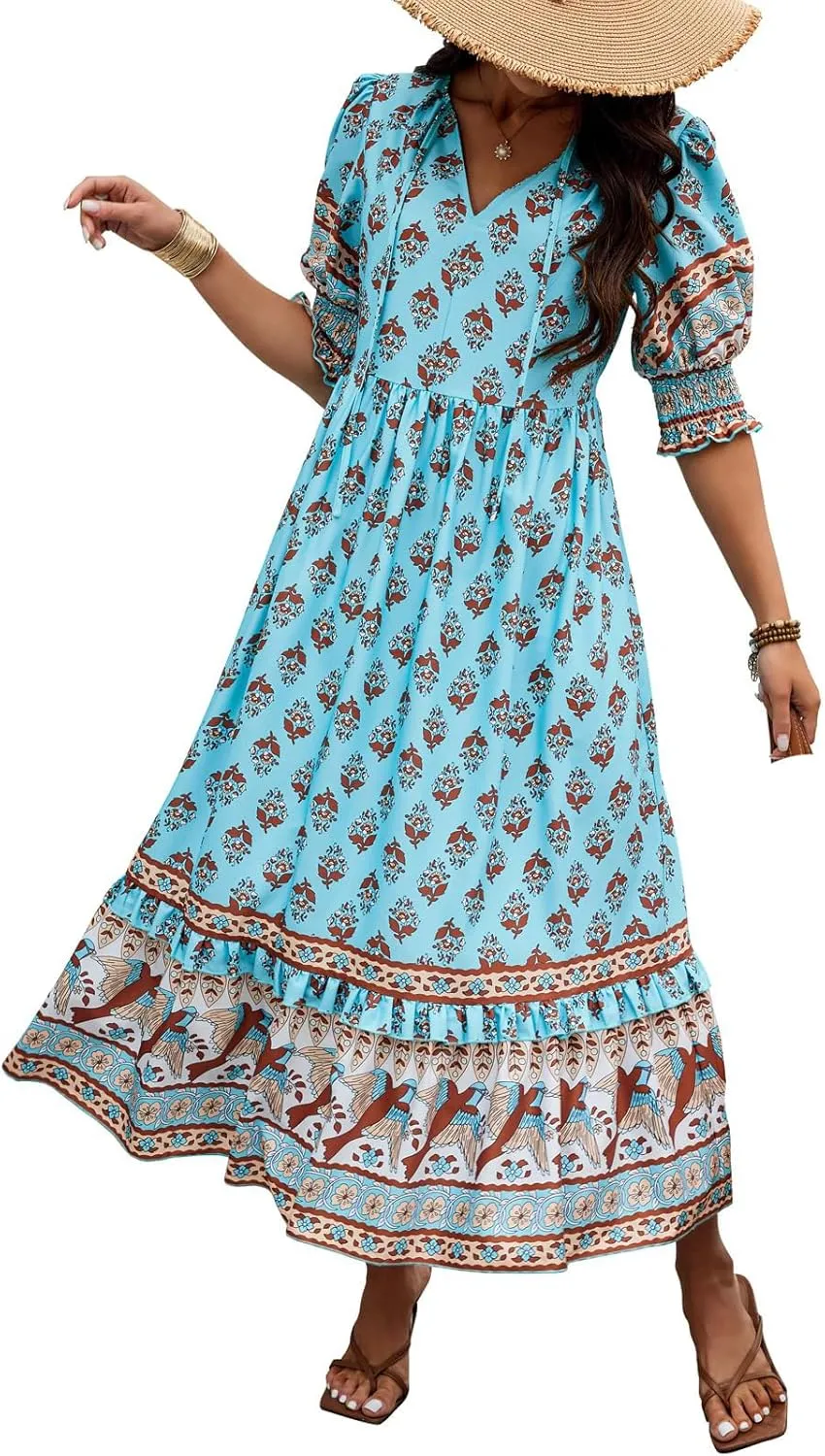 Summer Boho Ruffle Dresses for Women 2025 V Neck Puff Sleeve Smocked Maxi Dresses Casual Floral Print Midi Dress