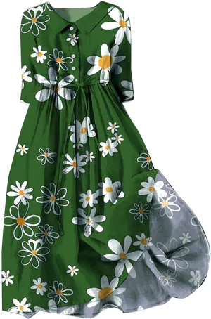 Summer Cotton Linen Dresses for Women 2025 Plus Size 3/4 Sleeve Floral Maxi Dress Elegantes Spring Vacation Dress