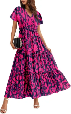 Summer Dress for Women 2025 Floral Sundress Short Sleeve Flowy Beach Vacation Boho Maxi Dresses