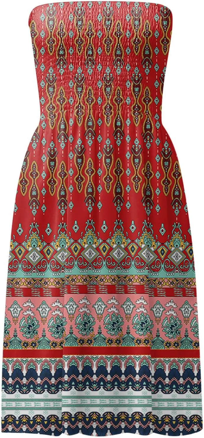 Summer Dress for Women Beach Boho Strapless Cover Ups Off Shoulder Floral Sundresses Off The Shoulder Dresses for Women