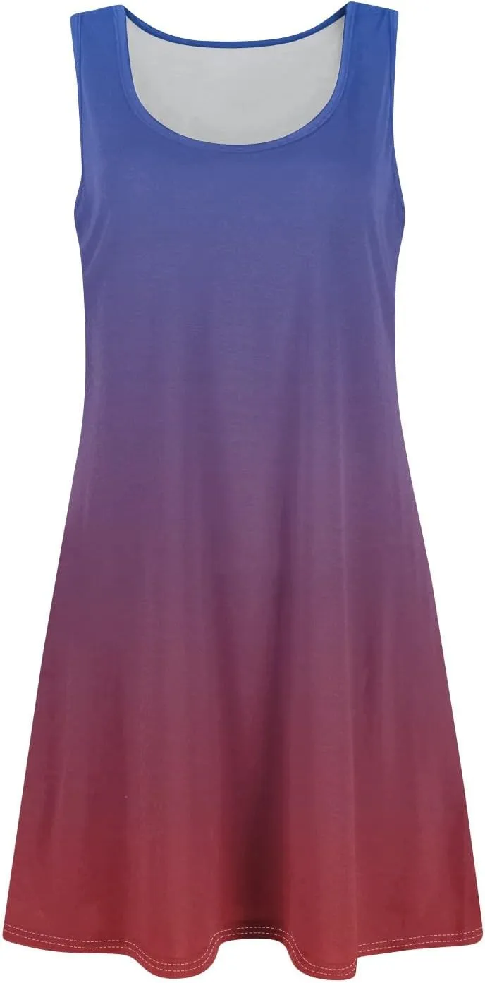 Summer Dress for Women Casual Trendy Ombre Gradient U-Neck Sleeveless Beach Vacation Mini Tank Sundress with Pocket