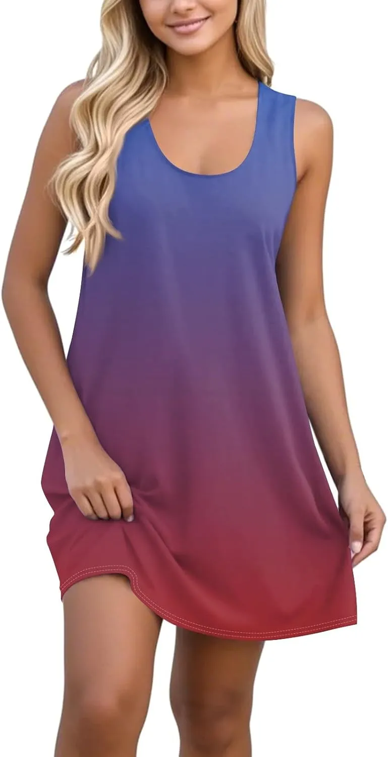 Summer Dress for Women Casual Trendy Ombre Gradient U-Neck Sleeveless Beach Vacation Mini Tank Sundress with Pocket