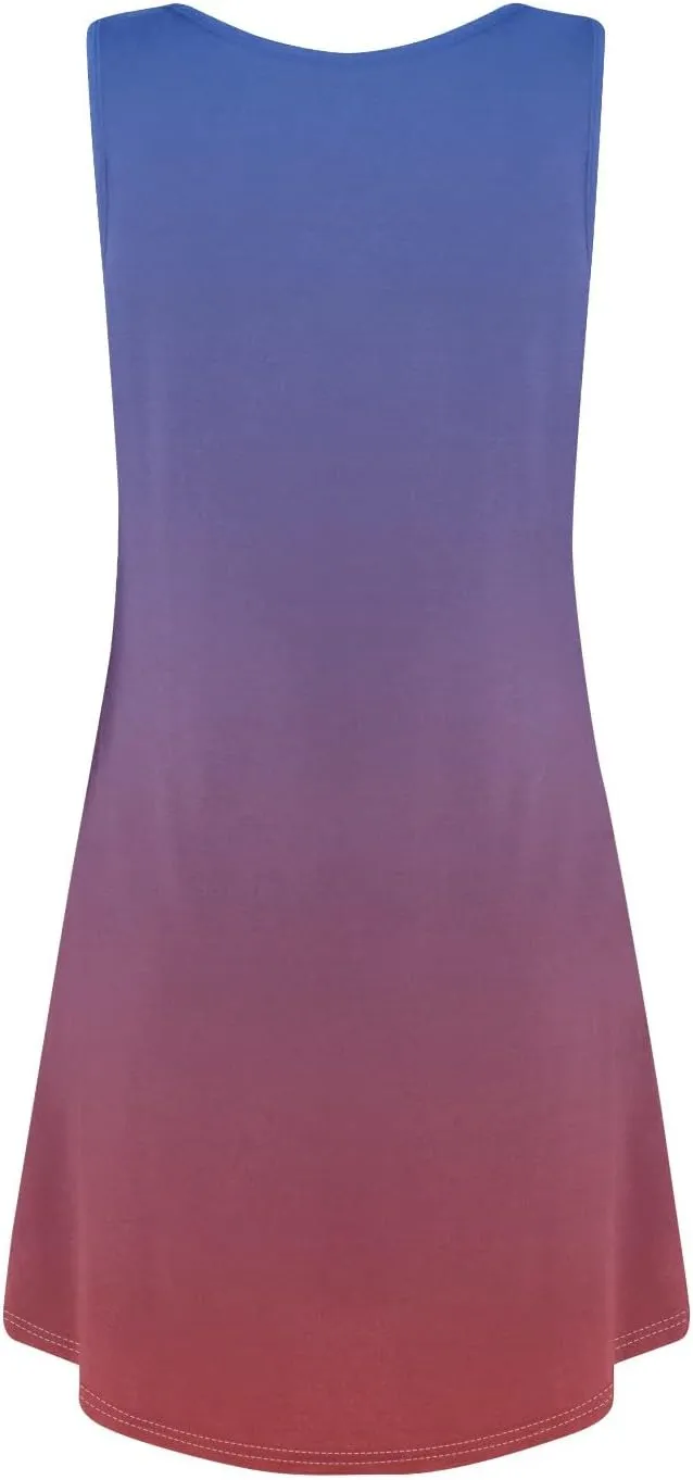 Summer Dress for Women Casual Trendy Ombre Gradient U-Neck Sleeveless Beach Vacation Mini Tank Sundress with Pocket