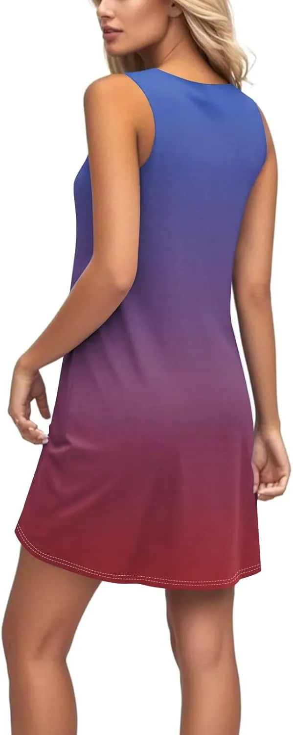 Summer Dress for Women Casual Trendy Ombre Gradient U-Neck Sleeveless Beach Vacation Mini Tank Sundress with Pocket