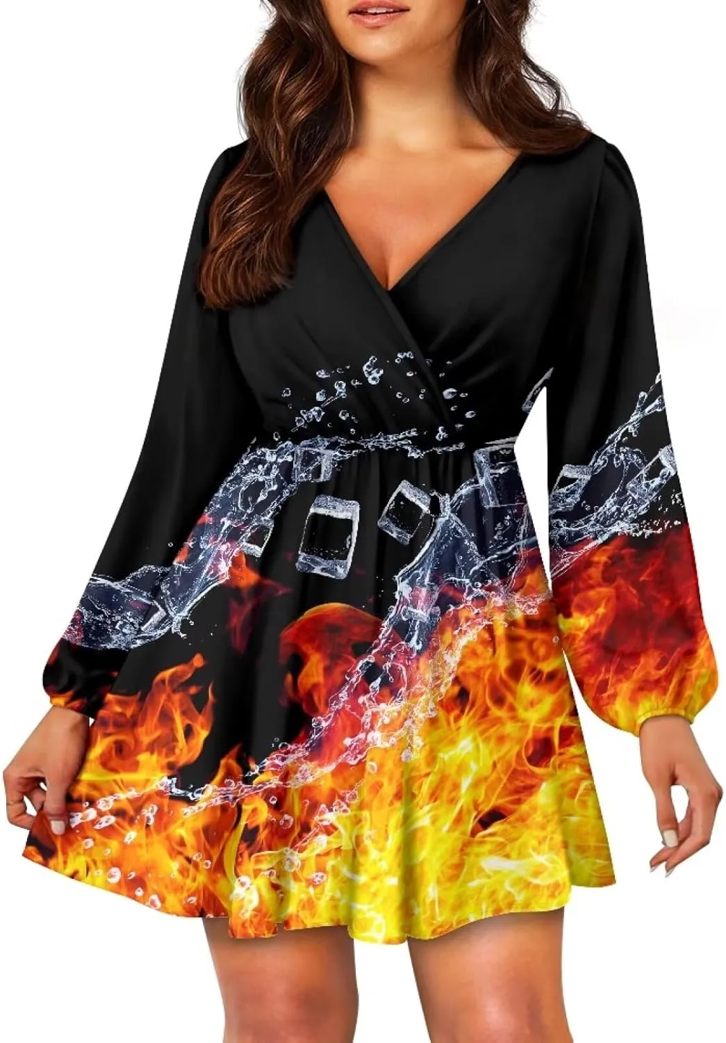 Summer Dress Mini Dress Deep V Neck Long Sleeve Dress Short Jumpsuits for Party Beach Cocktail