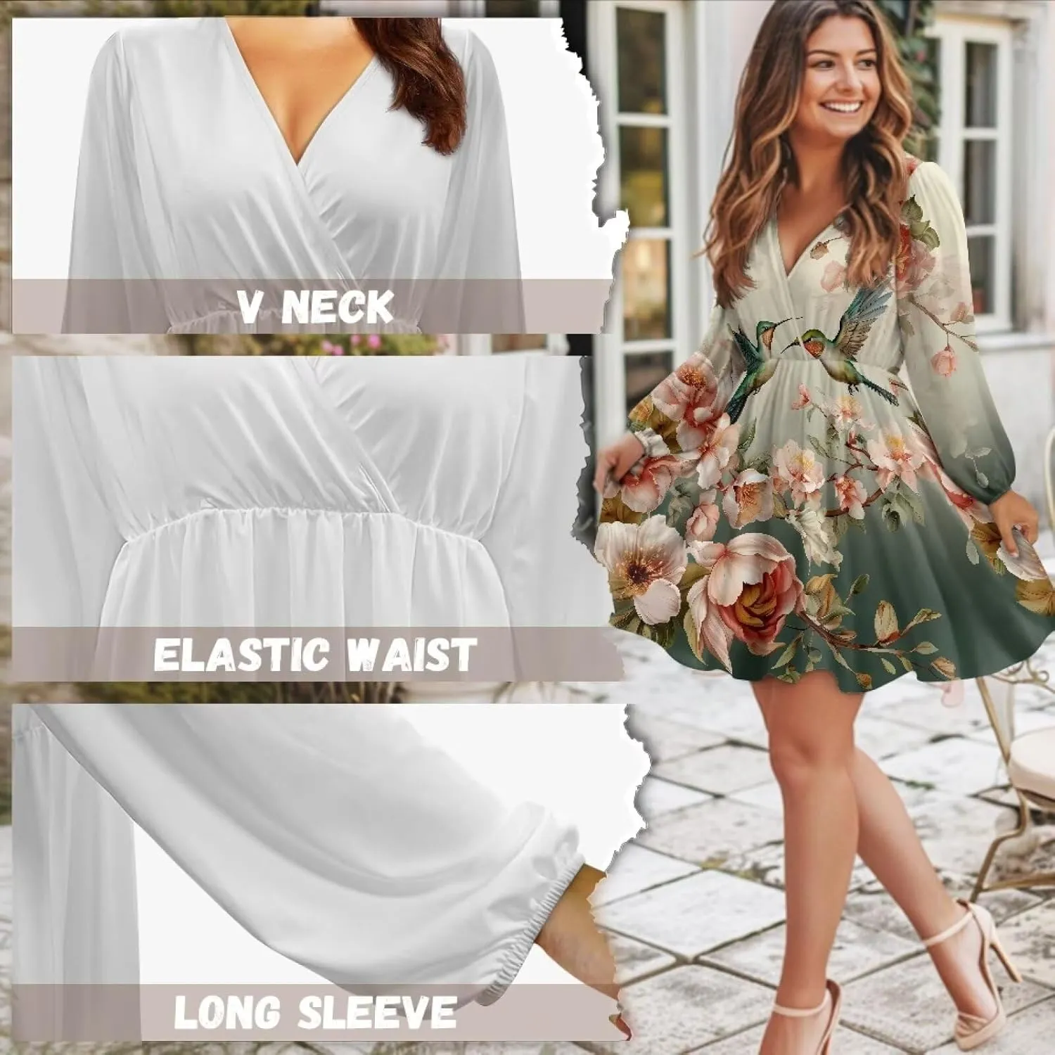 Summer Dress Mini Dress Deep V Neck Long Sleeve Dress Short Jumpsuits for Party Beach Cocktail