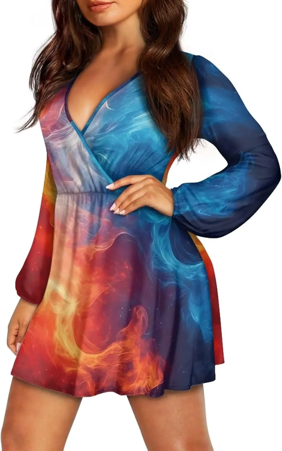 Summer Dress Mini Dress Deep V Neck Long Sleeve Dress Short Jumpsuits for Party Beach Cocktail