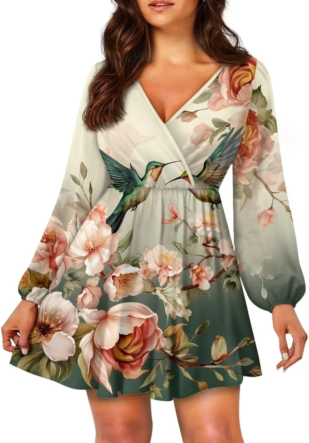 Summer Dress Mini Dress Deep V Neck Long Sleeve Dress Short Jumpsuits for Party Beach Cocktail