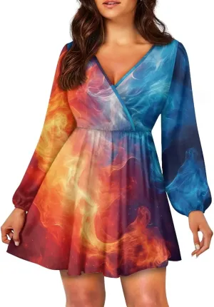 Summer Dress Mini Dress Deep V Neck Long Sleeve Dress Short Jumpsuits for Party Beach Cocktail