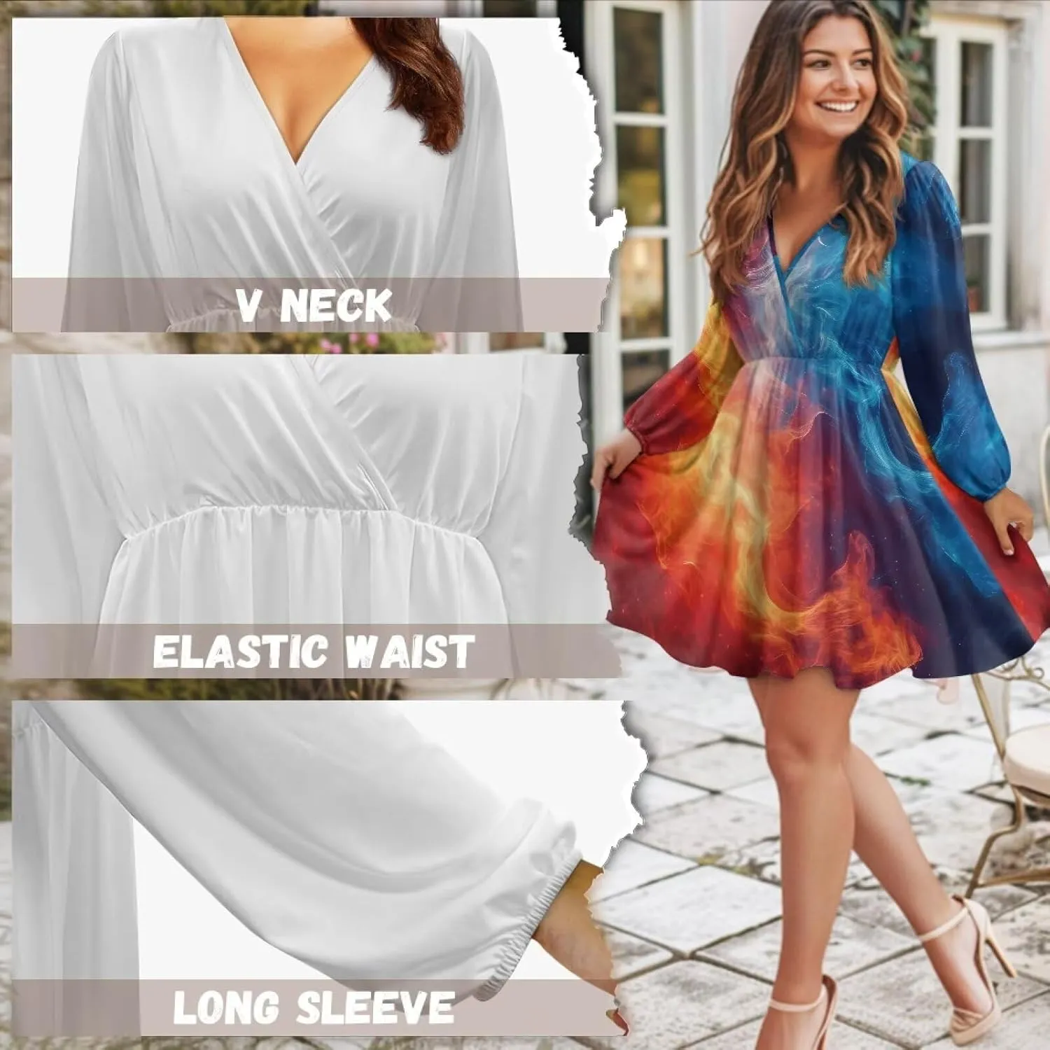 Summer Dress Mini Dress Deep V Neck Long Sleeve Dress Short Jumpsuits for Party Beach Cocktail